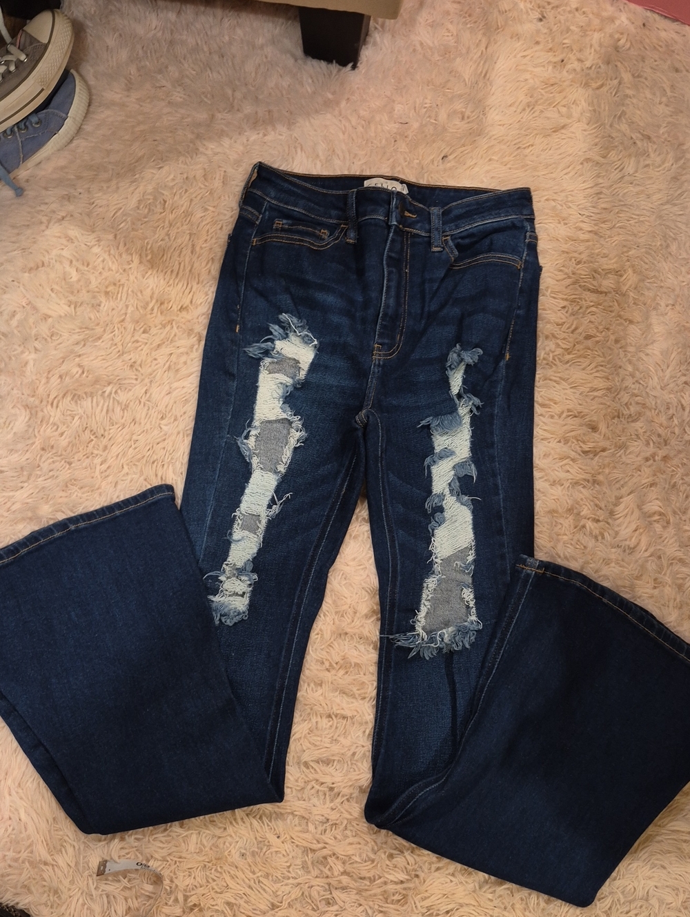 Cello Dark Blue Distressed Flare Jeans